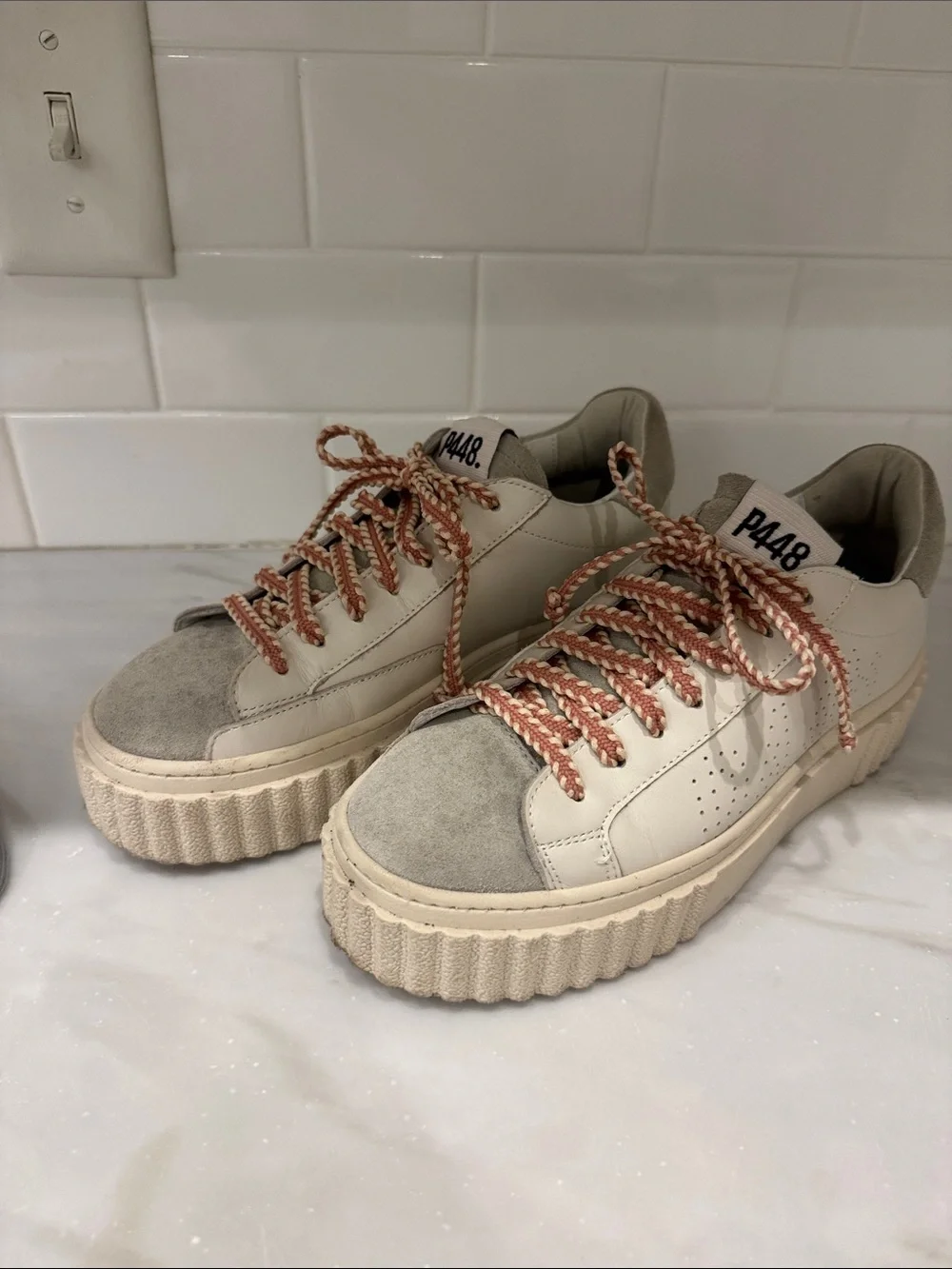 P448 Cream and Gray Platform Sneakers with Pink-Tan Braided Laces